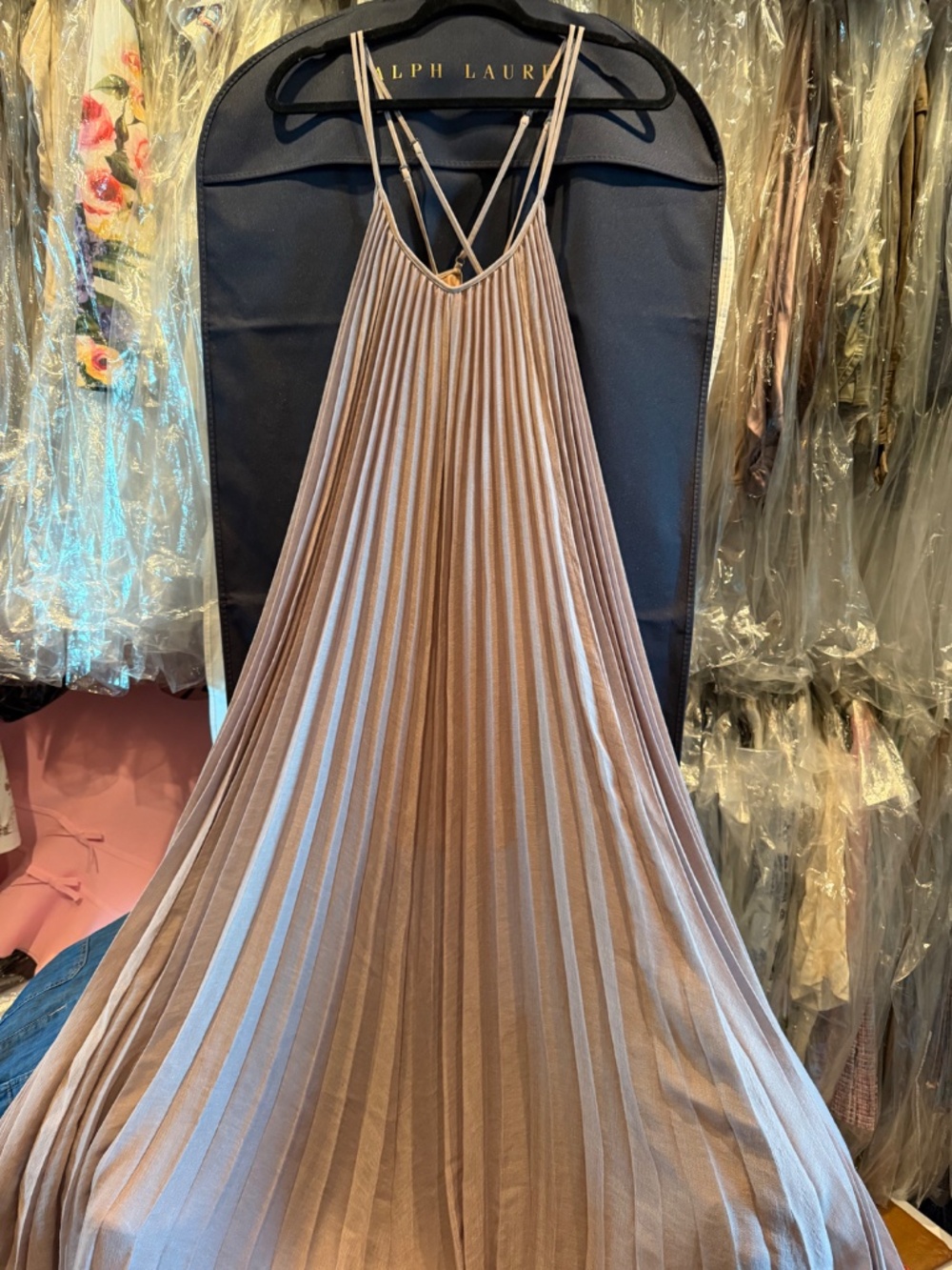 BCBGMaxAzria Isadona Pleated Gauze Maxi Dress Nude/Blush XS